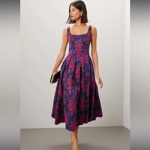 Mac Duggal Midi Dress 12 Floral Brocade Blue Pink Red Square Neck Party Flowy